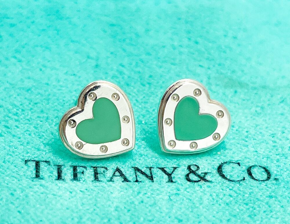 AUTHENTIC Tiffany & Co. Blue Enamel Heart Love Stud Earrings Silver NO BACKS